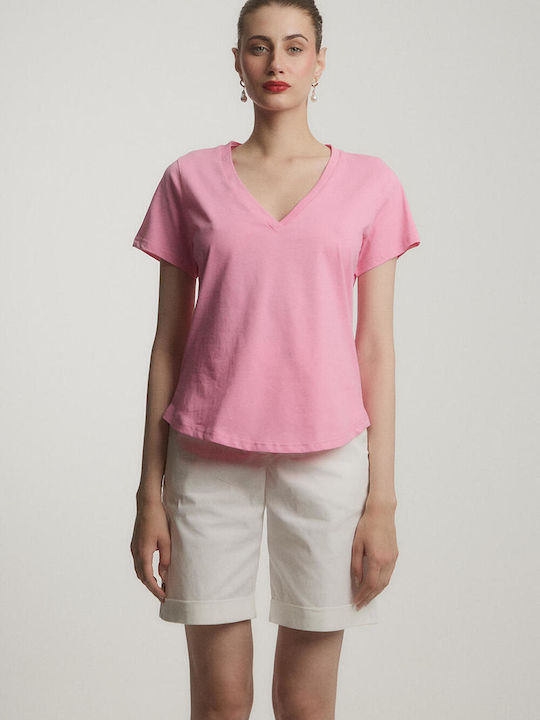 Bill Cost Women's Blouse Cotton Short Sleeve with V Neck Pink