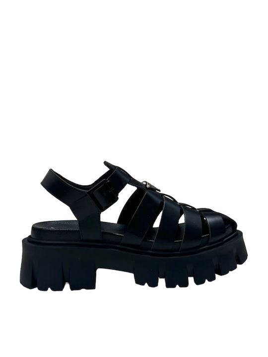 Tsakiris Mallas Leather Women's Flat Sandals in Black Color