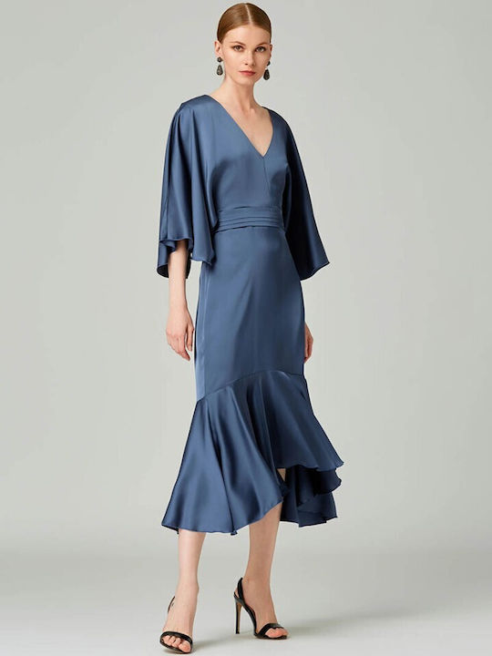 Lynne Midi Hemdkleid Kleid Satin mit Rüschen Blue