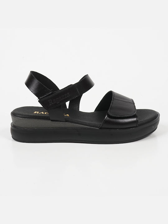 Ragazza Leather Women's Flat Sandals with Strap Flatforms in Black Color