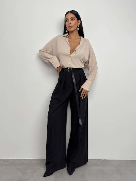 Black Fashion Women's Linen Long Sleeve Shirt Beige