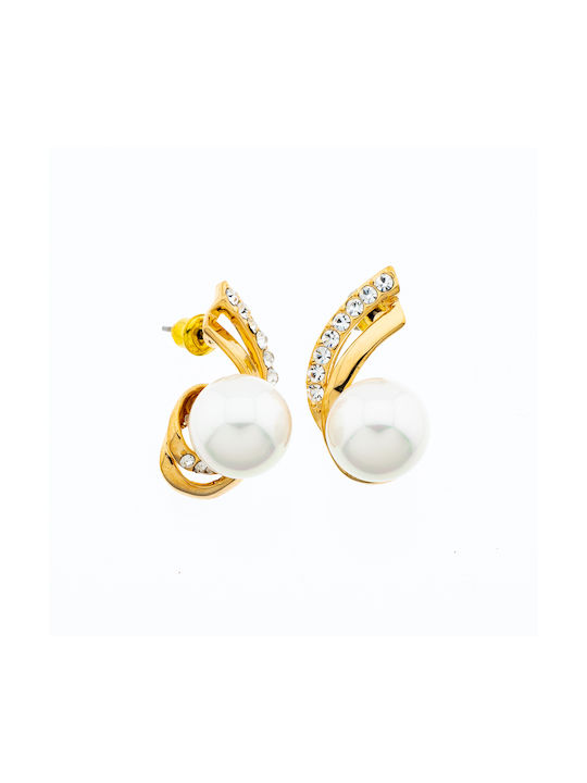 Metallic Strass Pearl Decorated Earrings - Gold