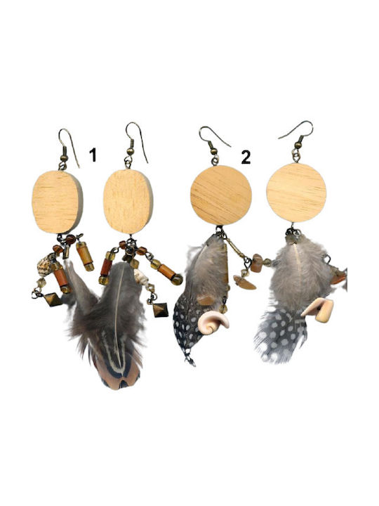 Wooden Chain Stones Feathers Earrings-2