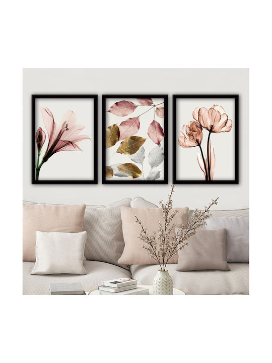 Megapap Pink Flowers Τρίπτυχος Πίνακας Πλαστικός 35x45cm
