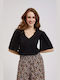 Make your image Women's Blouse Cotton Short Sleeve with V Neckline Black