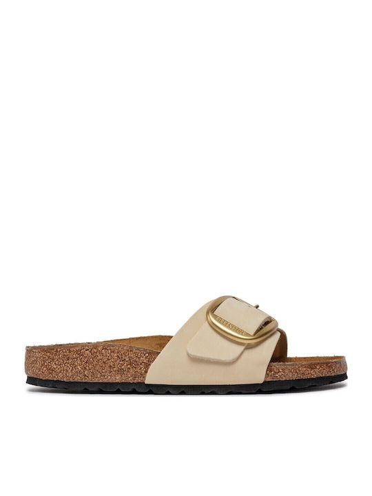 Classic Madrid Big Buckle Leather Women's Flat Sandals Anatomic in Ecru Color Narrow Fit