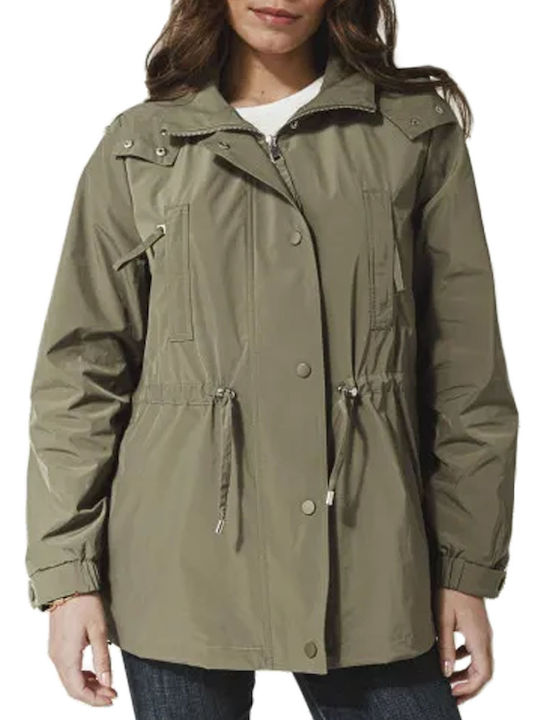 C'est Beau La Vie Women's Short Lifestyle Jacket Windproof for Spring or Autumn with Detachable Hood Oil Green