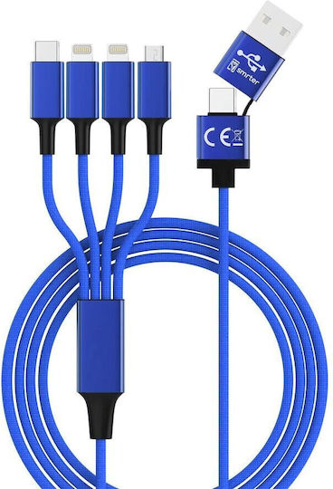 Smrter Hydra Elite 6in1 Braided USB to Lightning / Type-C / micro USB Cable Μπλε 1m