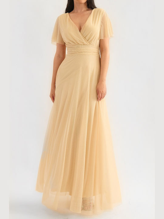 Kandy Beige Maxi Dress with Tulle Sleeves