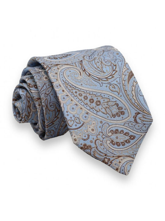 Cravată din mătase albastră cu model paisley maro bej 8cm