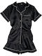 Women's Satin Pajama Set Short Sleeve Shirt Shorts Slim Fit Black