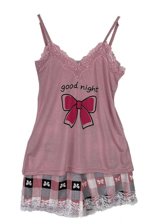 Women's Pyjama Set Babydoll Top Shorts Good Night Slim Fit Pink
