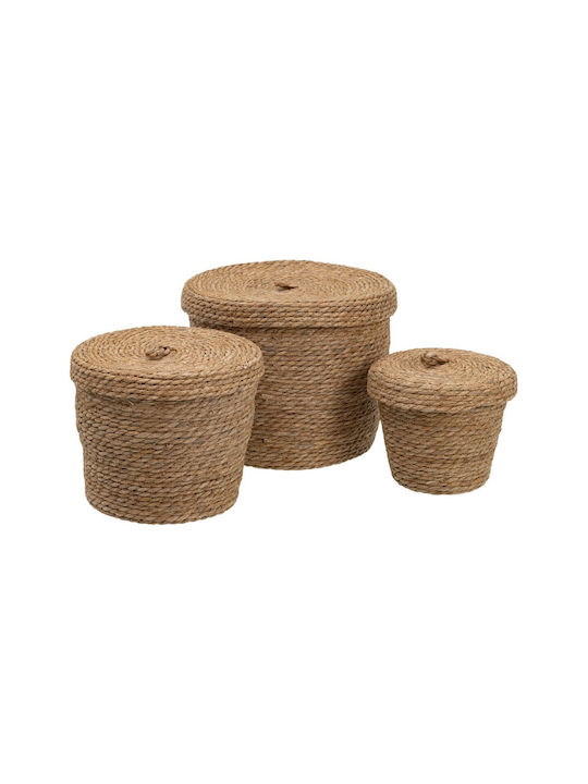 Set of Decorative Baskets Straw with Lid & Handles 28x28x36cm 3pcs BigBuy