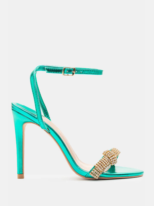 Luigi Synthetic Leather Women's Sandals with Strass & Ankle Strap Turquoise with High Heel