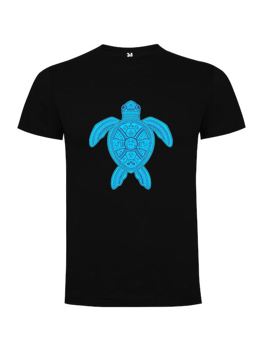 iLovePrints Blue World-bearer Turtle T-shirt Black