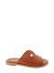 Tan Leather Flat Sandals with Pearl Embellishments