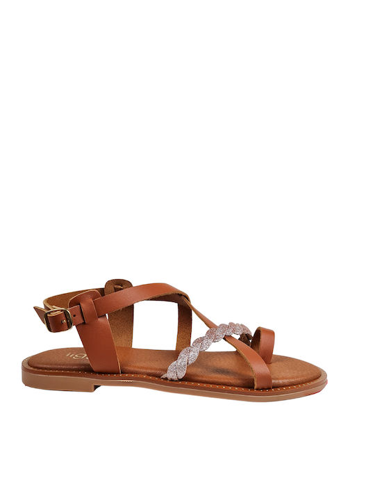 Tan Bronze Flat Sandals Glitter Weave
