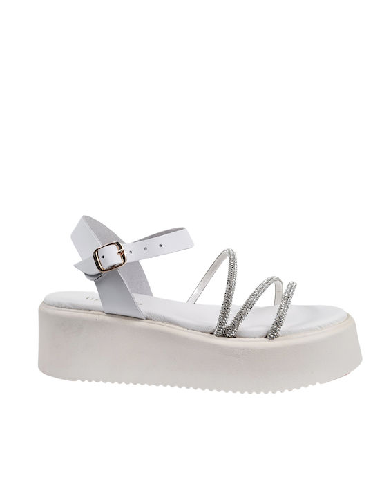 White Flatforms with Straps and Rhinestones