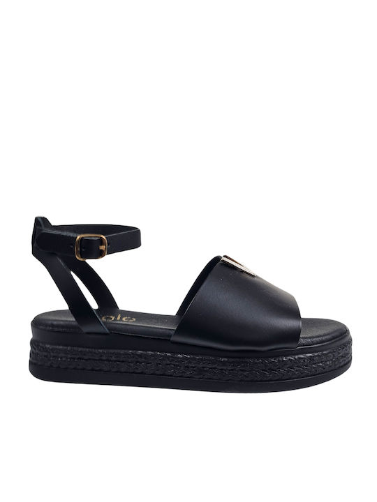 Black Leather Flatforms with Gold Embellishment