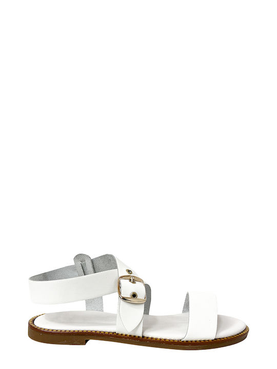 White Flat Sandals with Side Buckle