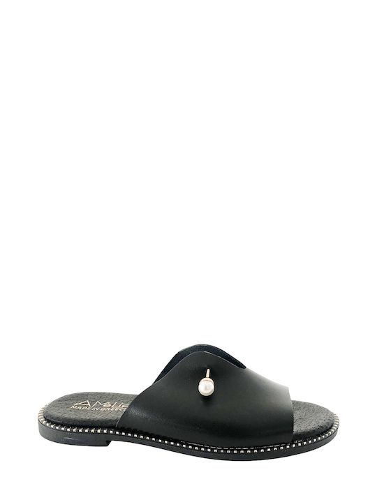 Black Leather Sandals with Decorative Pearls