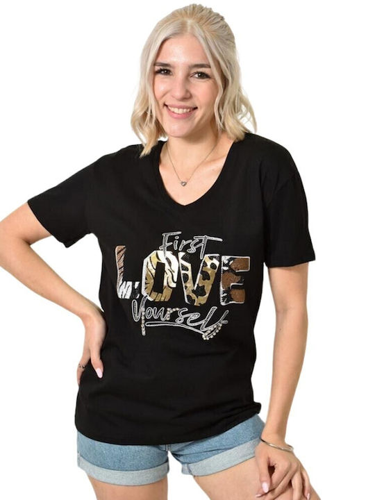 Potre Love Damen T-Shirt Tierdruck Schwarz