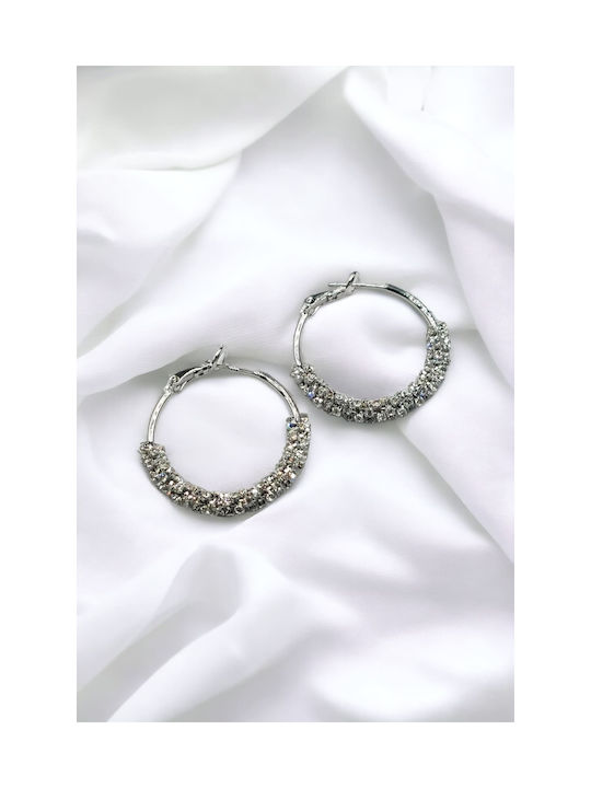 Silver Hoop Earrings Embellished with Rhinestones