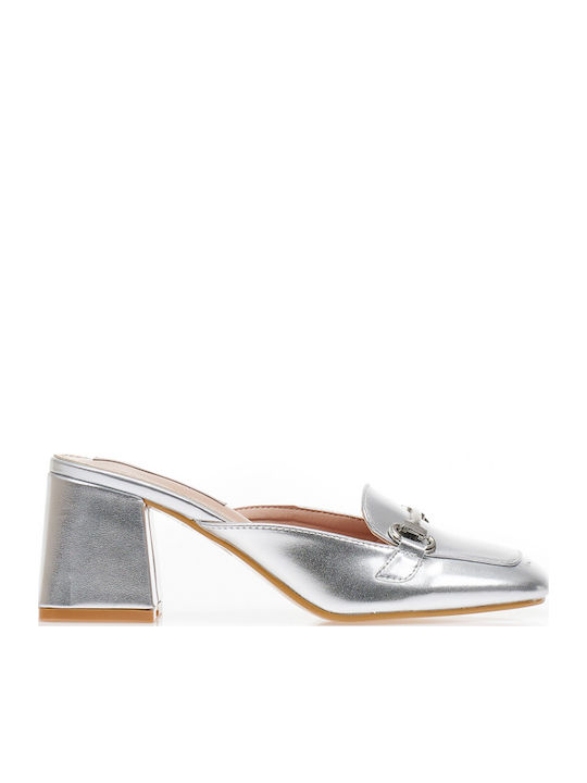 Mules with Chunky High Heel in Silver Color