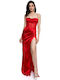 RichgirlBoudoir Maxi Βραδινό Φόρεμα Σατέν με Σκίσιμο Κοκκινο