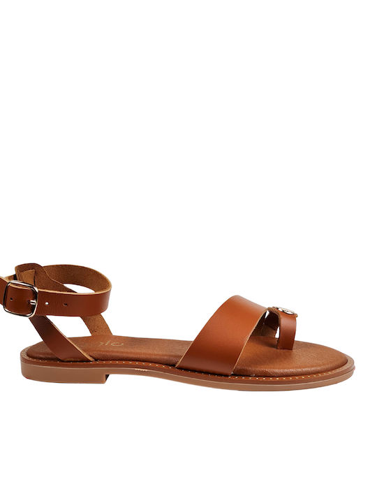 Ligglo Leather Women's Flat Sandals with Strap in Tabac Brown Color