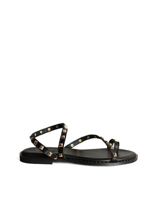 Black Leather Sandals with Diagonal Strap and Rhinestones