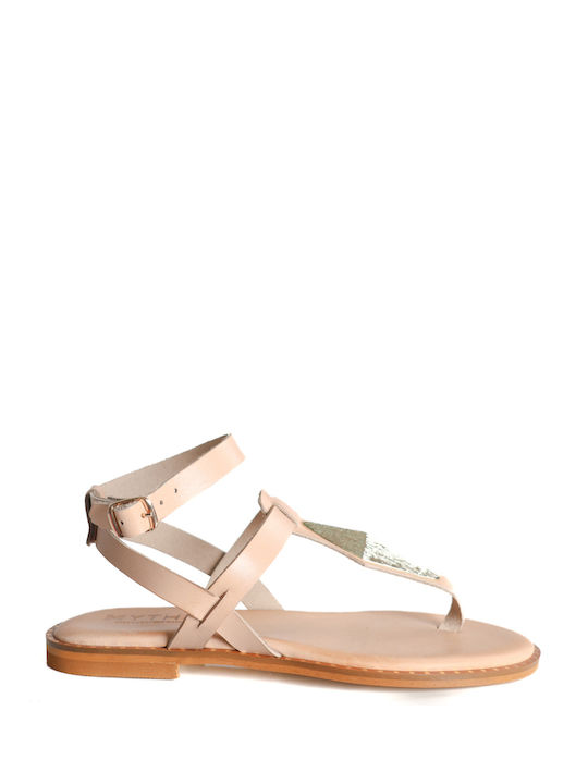 Beige Leather Sandals with Diamond-shaped Buckle