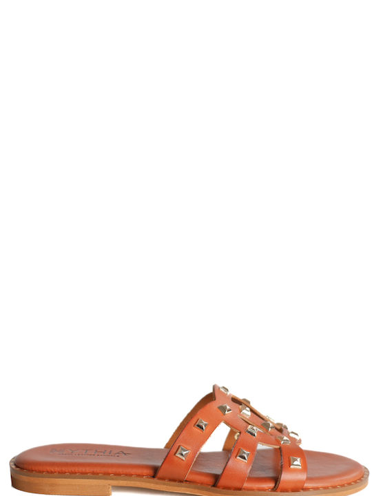 Tan Leather Sandals with Perforated Strap and Studs