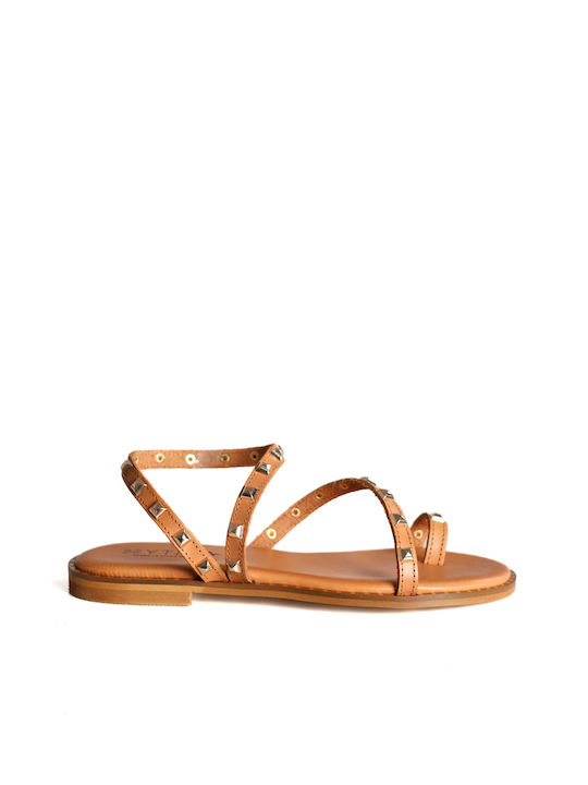 L.camel Leather Flat Sandals with Strass Embellishment