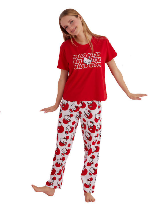 Hello Kitty De vară Set Pijamale pentru Femei De bumbac Roșu