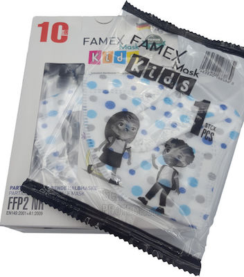 Famex Kids Mask FFP2 NR Protective Mask FFP2 Kids White with Blue Polka Dots 100pcs