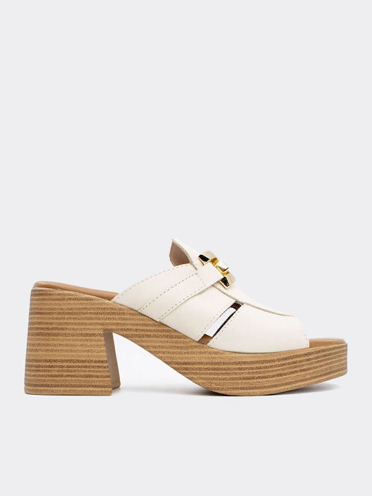 Leder Mules mit Hoch Absatz in Beige Farbe