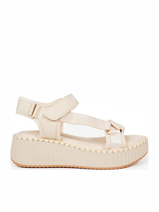 Women's Fabric Ankle Strap Platforms Beige