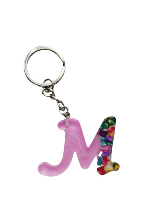 Cheiță cu monogramă M din sticlă lichidă roz cu pietre multicolore