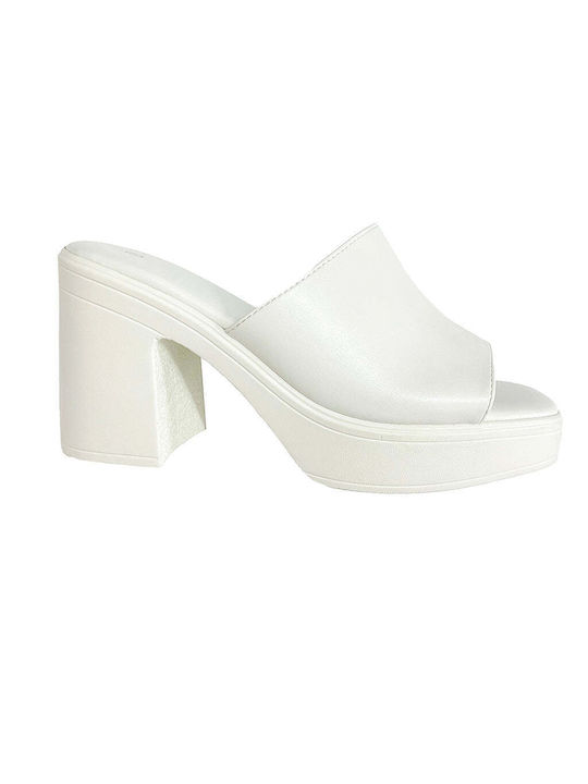 Ustyle Synthetic Leather Women's Sandals White with Chunky High Heel