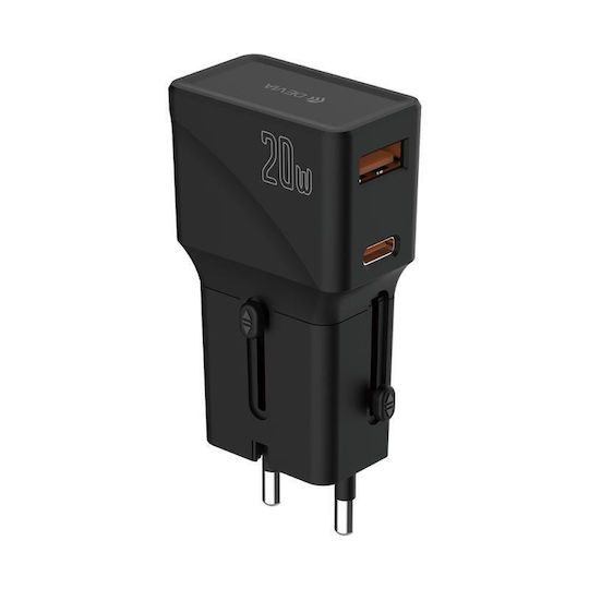 Devia Φορτιστής Χωρίς Καλώδιο με Θύρα USB-A και Θύρα USB-C 20W Power Delivery Μαύρος (N64888)