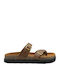 Leather Women's Flat Sandals in Tabac Brown Color