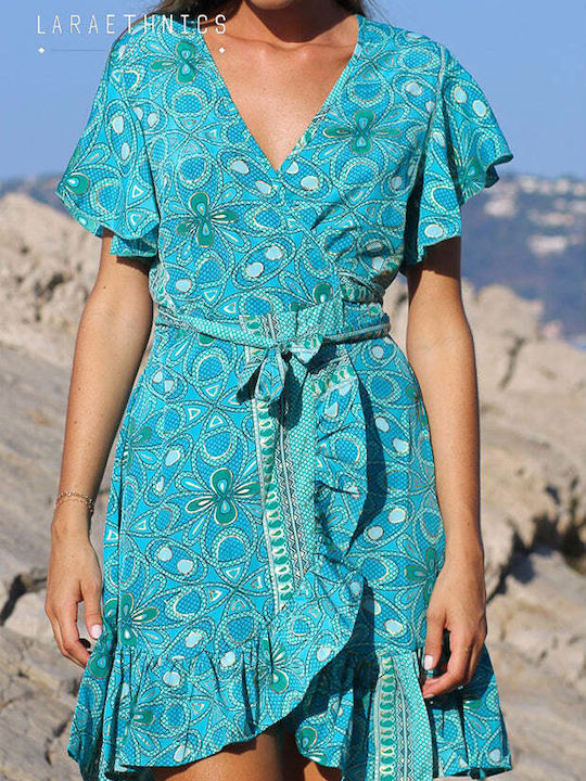 Lara Ethnics Kalyvia Mini Φόρεμα με Βολάν Τιρκουάζ
