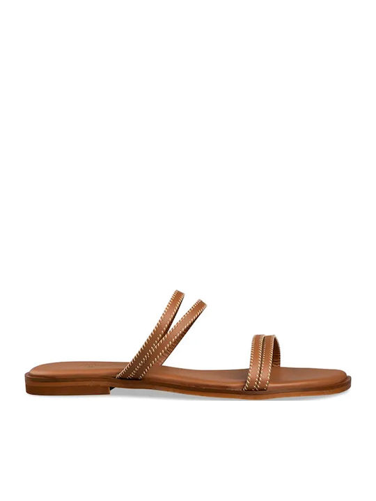 Leather Women's Flat Sandals Tabac Brown