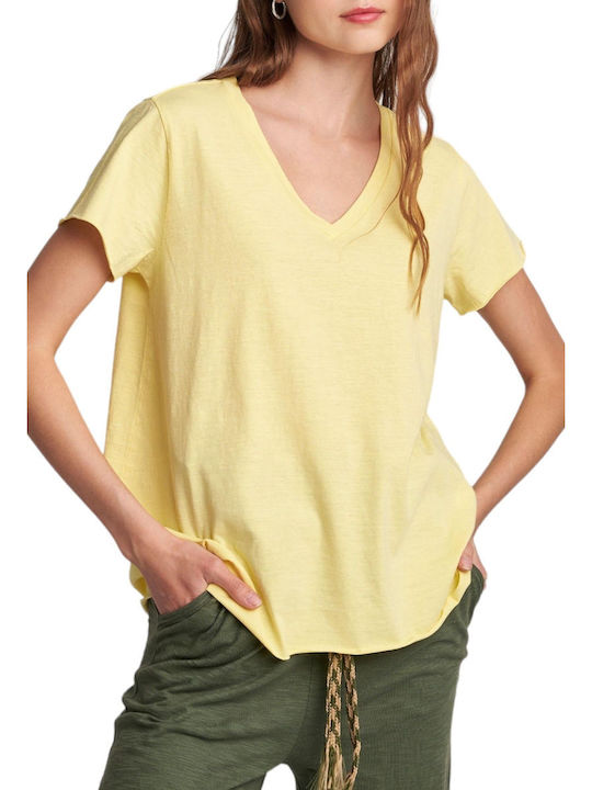 Attrattivo 9904391 Women's Blouse Cotton Short Sleeve with V Neckline Yellow
