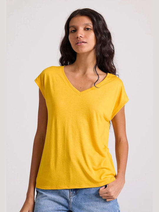 Funky Buddha Γυναικείο T-shirt με V Λαιμόκοψη Κίτρινο