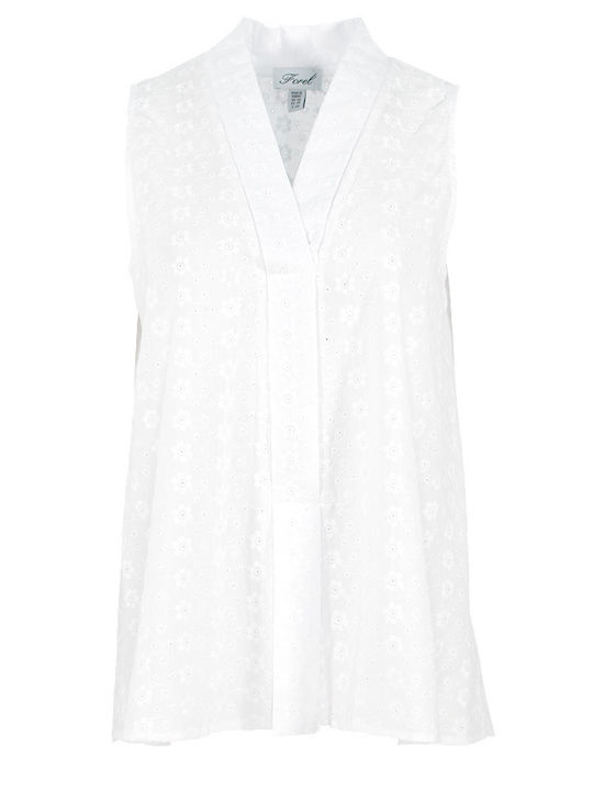 Forel Women's Blouse Cotton Sleeveless with V Neckline Floral White