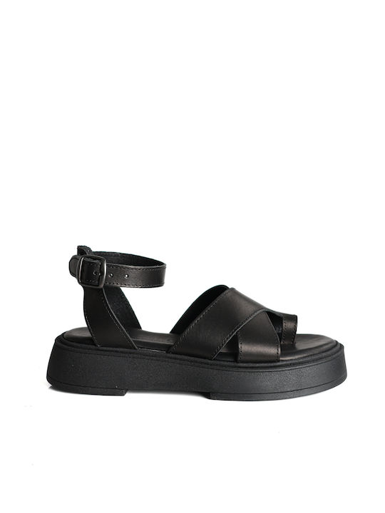 Mythia Leder Damen Flache Sandalen Flatforms in Schwarz Farbe