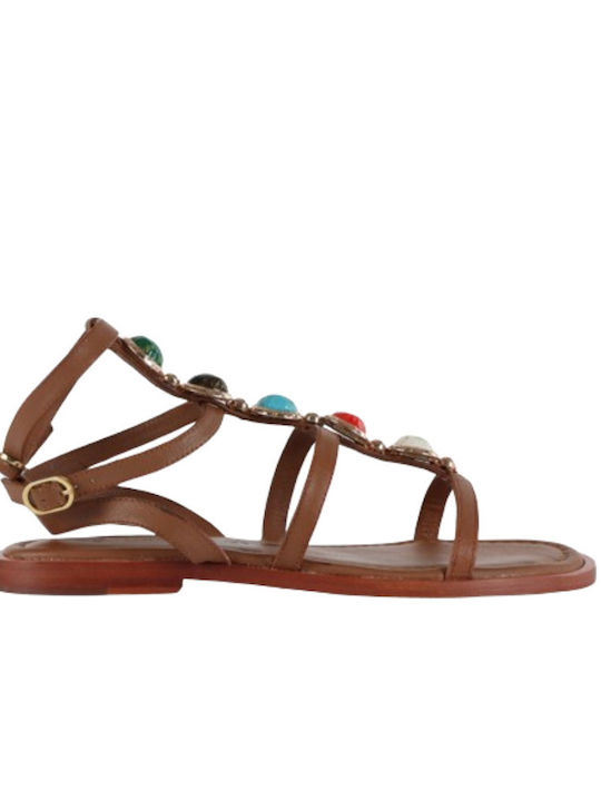 Leather Women's Flat Sandals in Brown Color