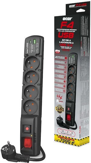 Acar Πολύπριζο Aσφαλείας 4 Θέσεων με 1 USB-A, 1 USB-C και Καλώδιο 3m Γαλλίας (Type E)